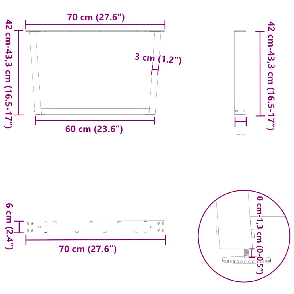 sofabordsben V-formet 2 stk. sort 70 x (42-43,3) cm stål