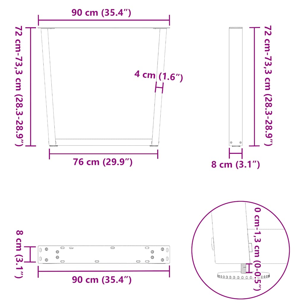 spisebordsben V-formet 2 stk. sort 90 x (72-73,3) cm stål
