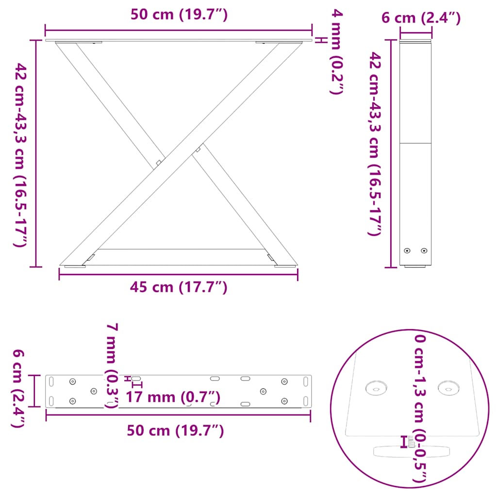 sofabordsben 2 stk. hvid 50x(42-43,3) cm stål