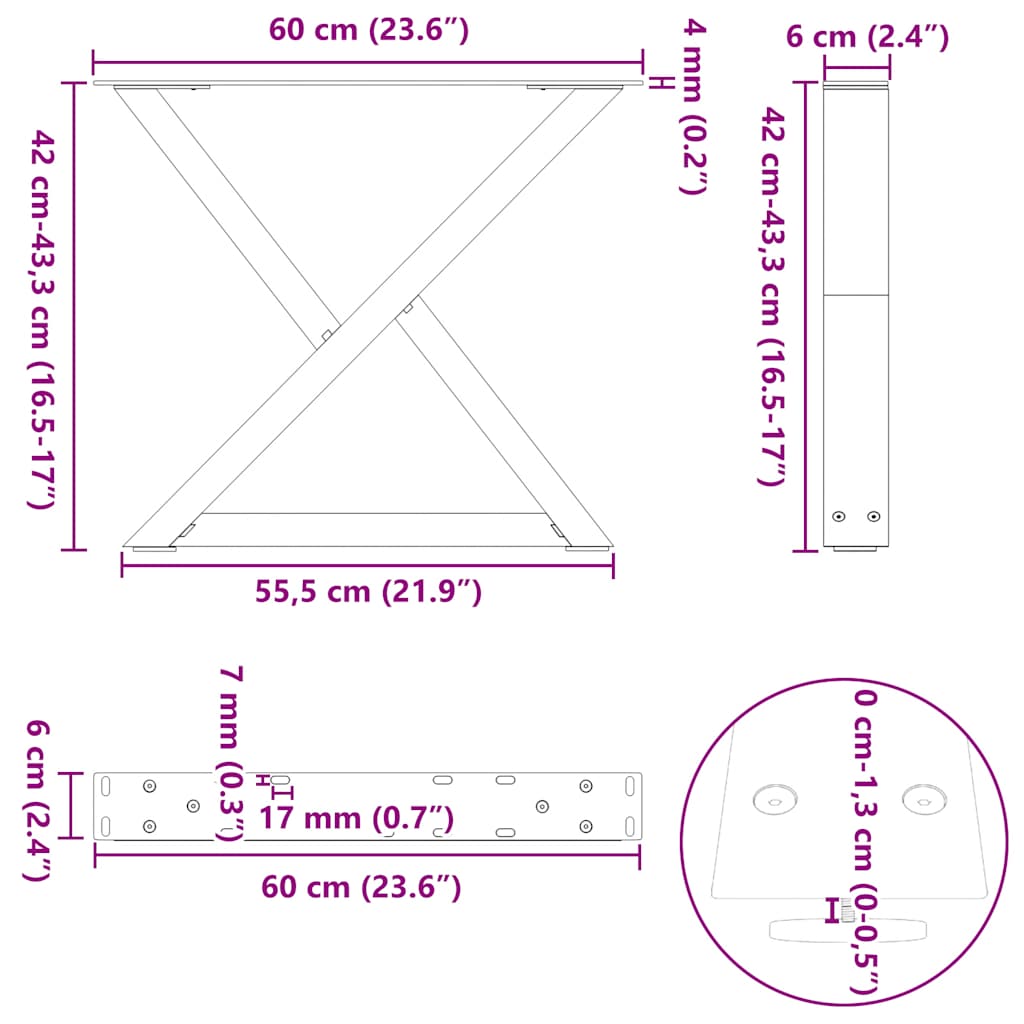 sofabordsben 2 stk. hvid 60 x (42-43,3) cm stål