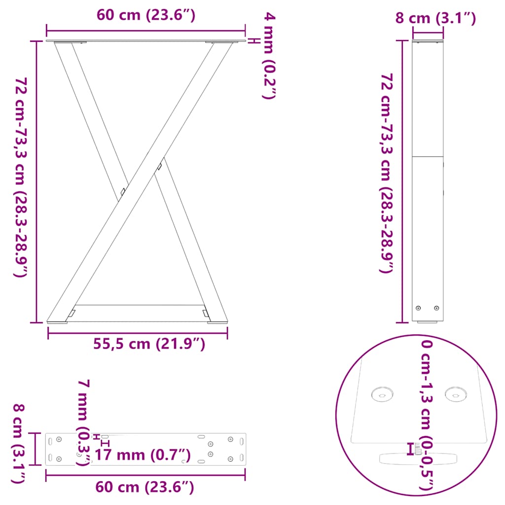 spisebordsben 2 stk. sort 60 x (72-73,3) cm stål