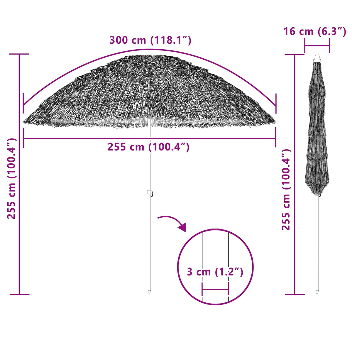 Strand Parasol 255 x 255 x 255 cm Polyester og Stål Naturfarvet