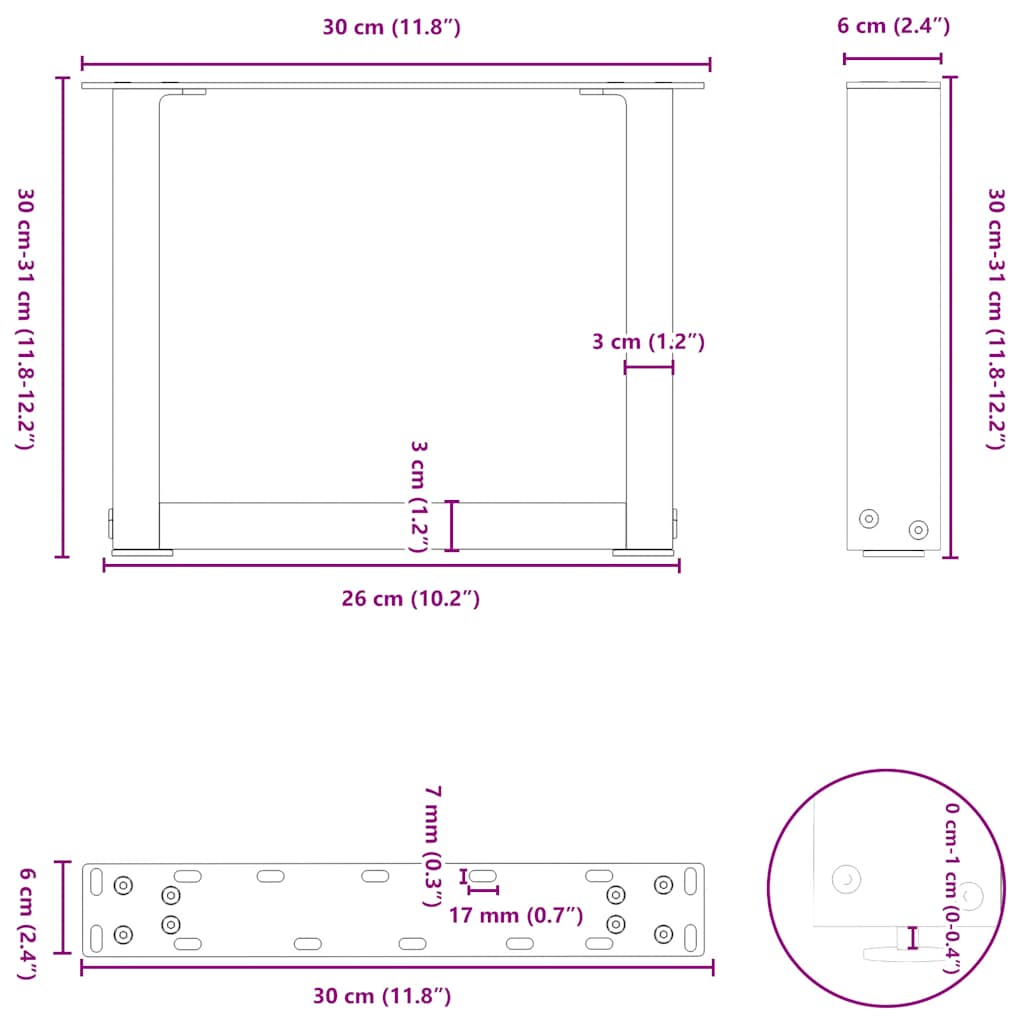 sofabordsben U-formet 2 stk. sort 30x(30-31) cm stål