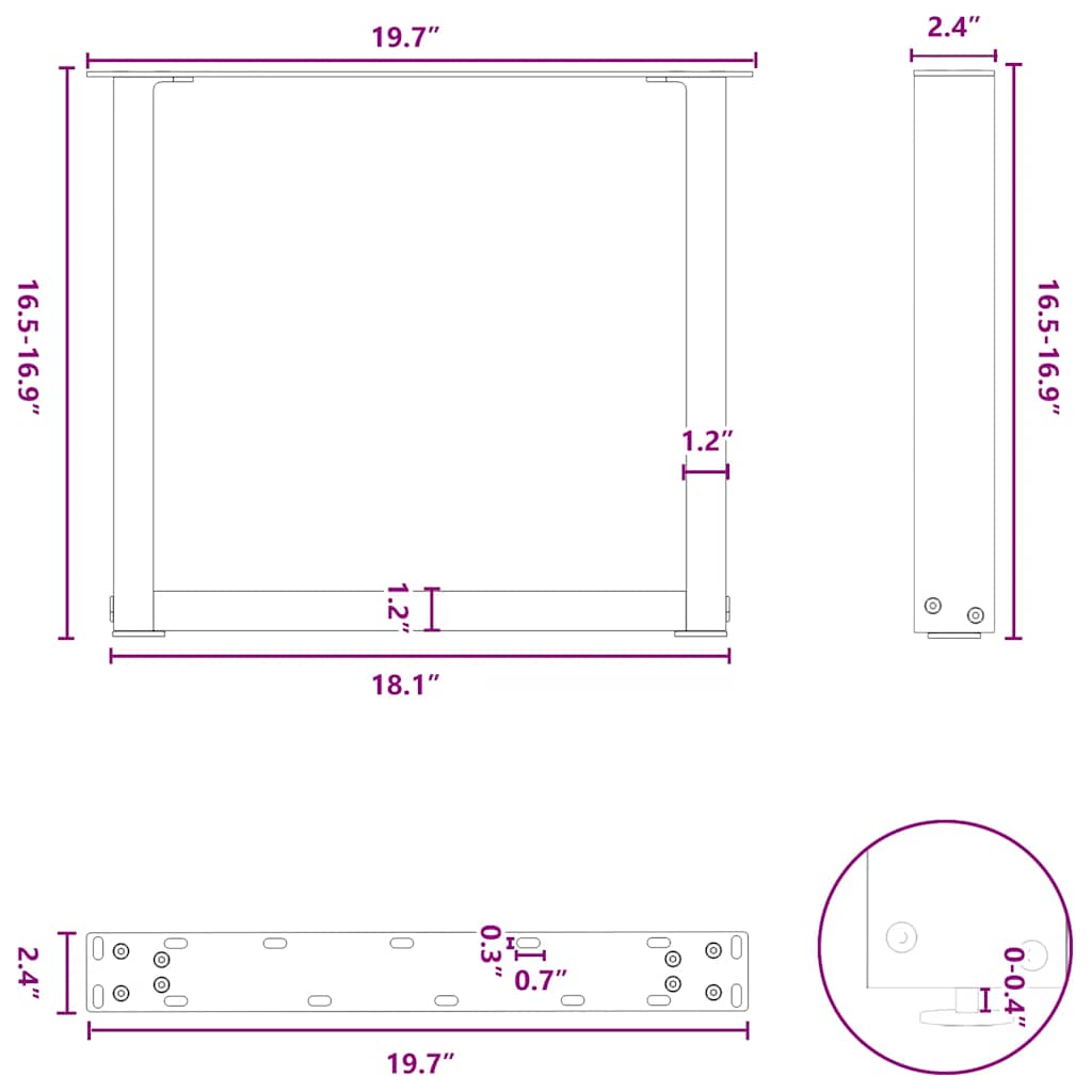 sofabordsben U-formet 2 stk. antracit 50x(42-43) cm stål