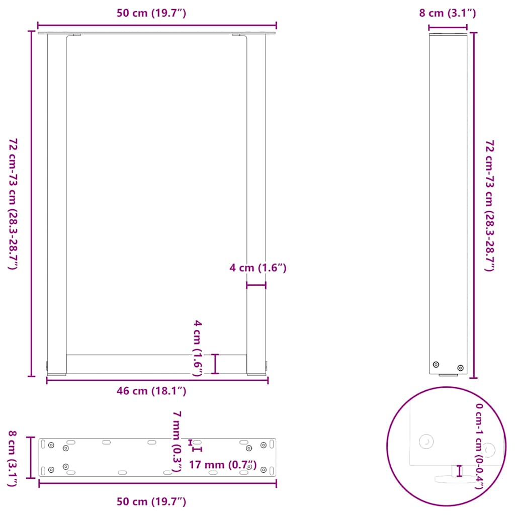spisebordsben U-formet 2 stk. antracit 50x(72-73) cm stål