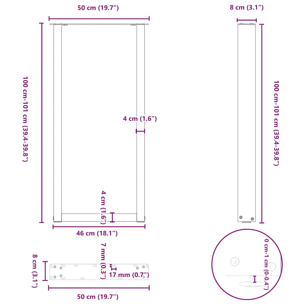 barbordsben U-formet 2 stk. sort 50x(100-101) cm stål
