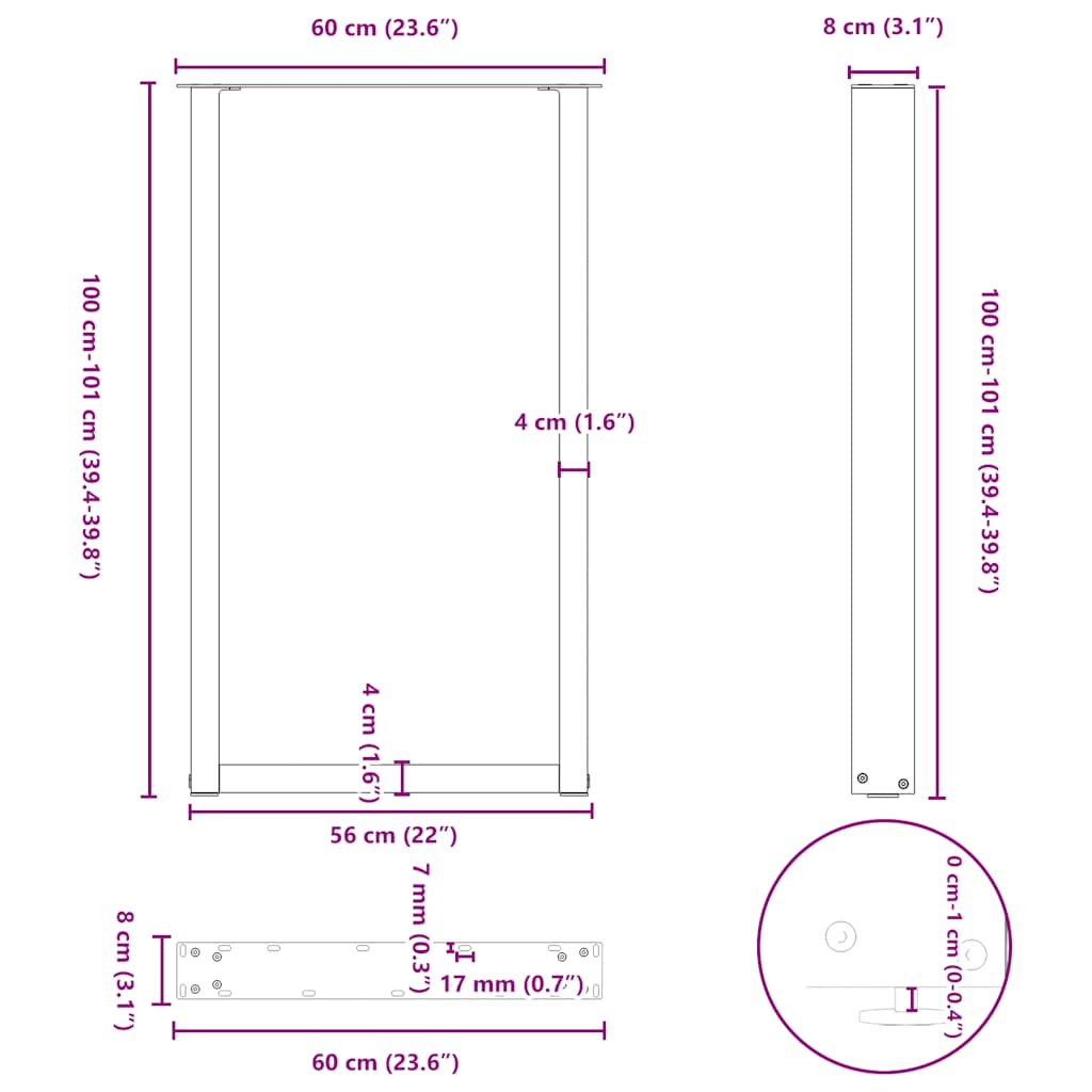 barbordsben U-formet 2 stk. hvid 60x(100-101) cm stål