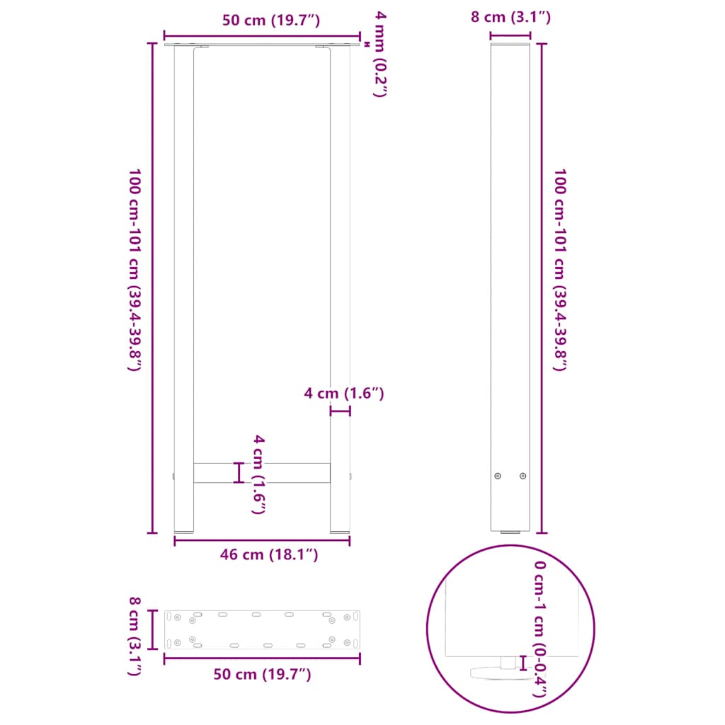 barbordsben hvide 2 stk. 50x(100-101) cm stål