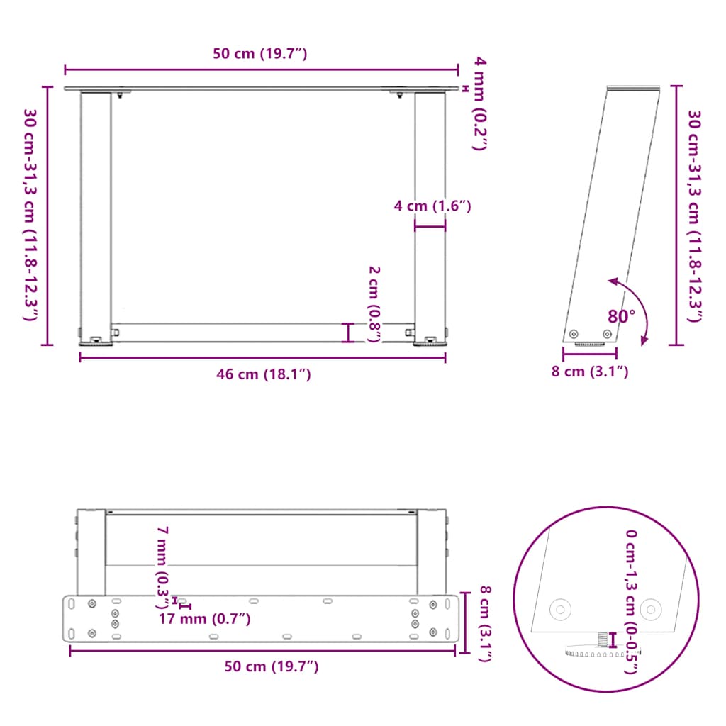 sofabordsben U-formet 2 stk. naturstål 50x(30-31) cm stål