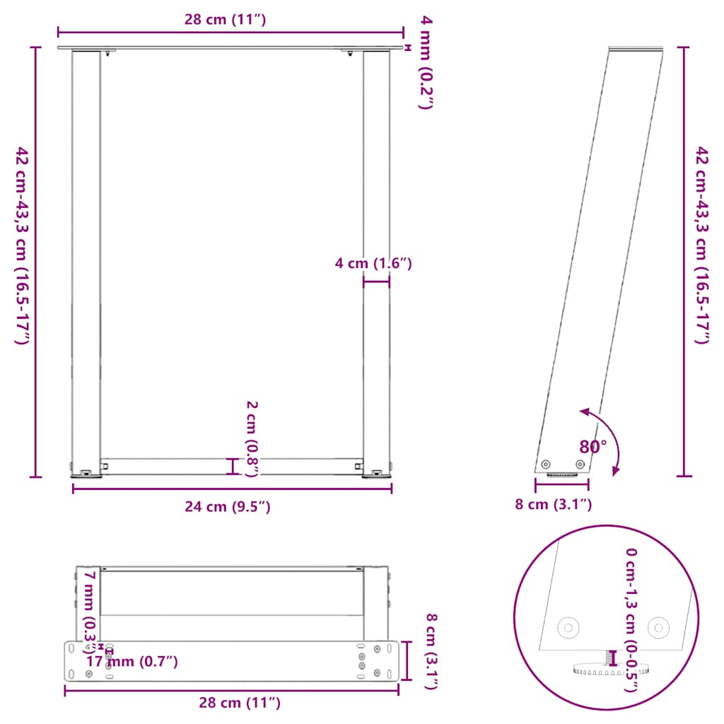 sofabordsben U-formet 2 stk. sort 28 x (42-43) cm stål
