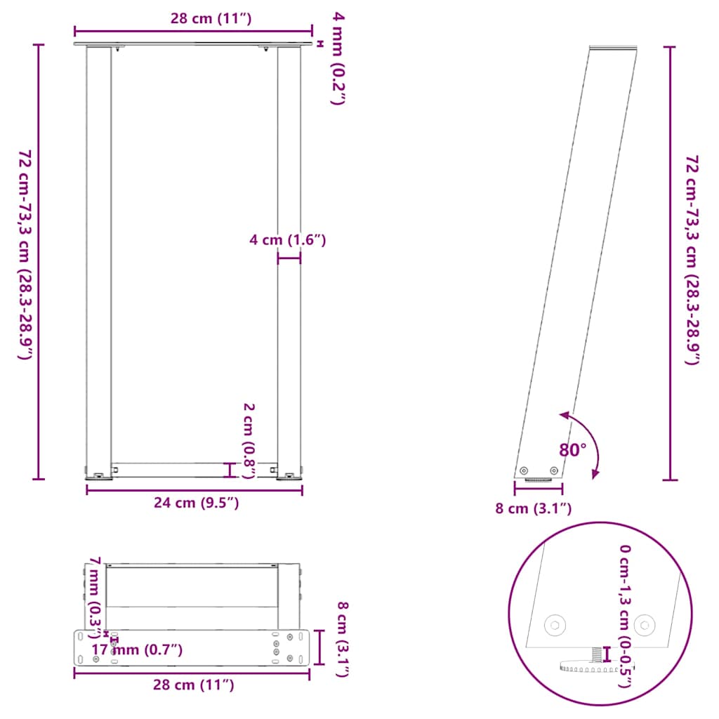 konsolbordben U-formet 2 stk. antracit 28 x (72-73) cm stål