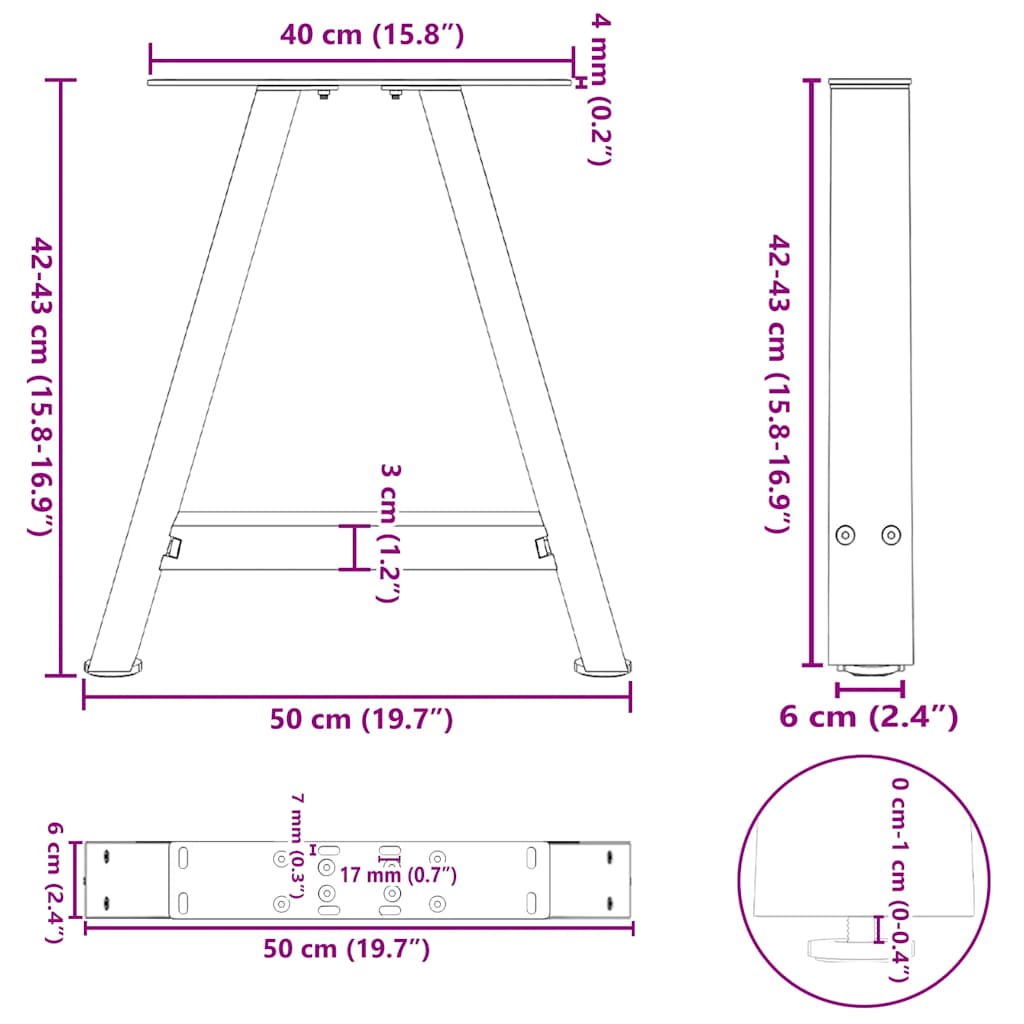 sofabordsben A-formet 2 stk. hvid 50x(42-43) cm stål