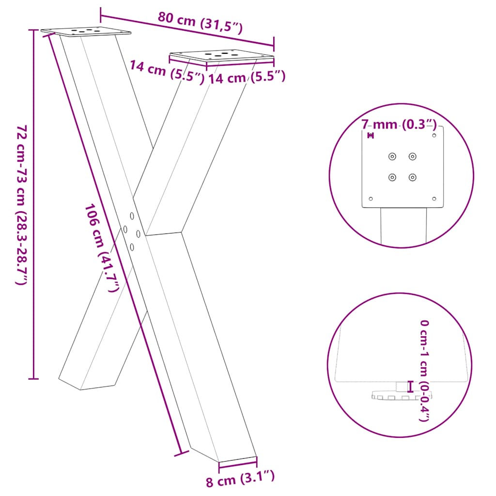 spisebordsben X-formet 2 stk. naturstål 80x(72-73) cm stål