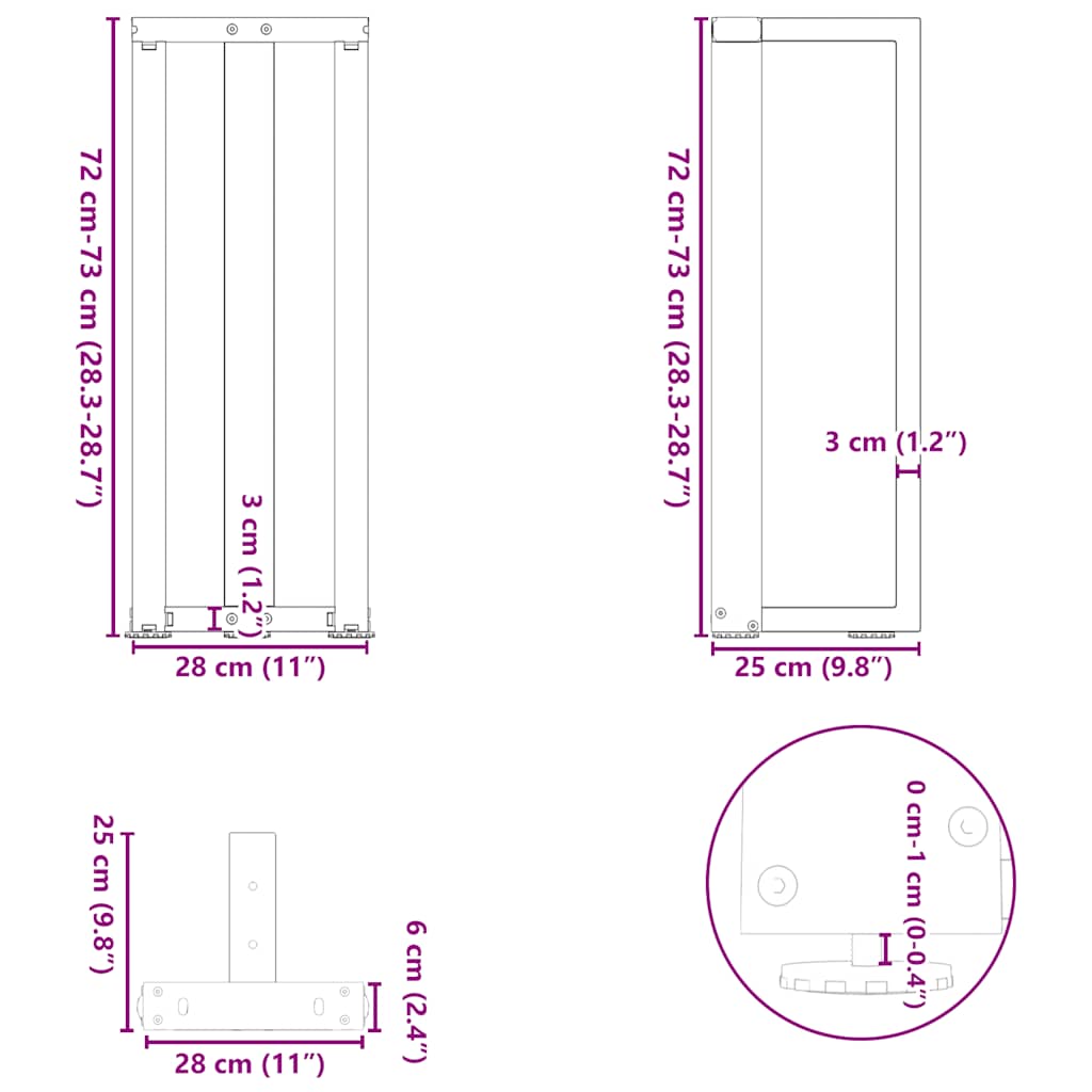 konsolbordben T-formet 2 stk. sort 25x28x(72-73) cm stål