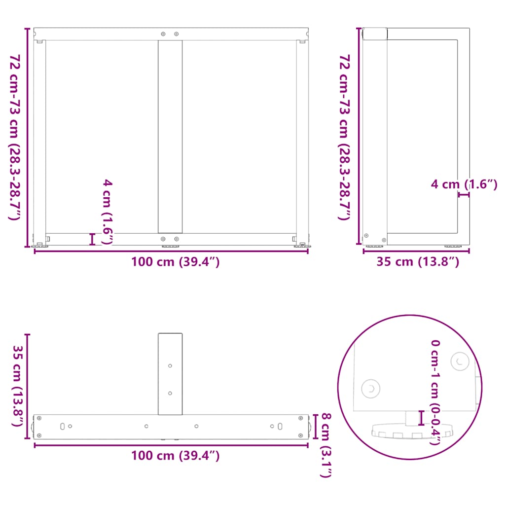 spisebordsben T-formet 2 stk. sort 100x35x(72-73) cm stål