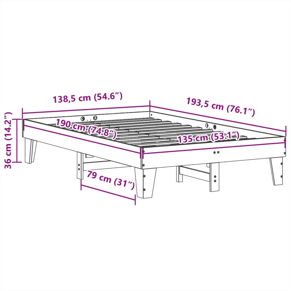 sengeramme uden madras 135x190 cm massivt fyrretræ brun