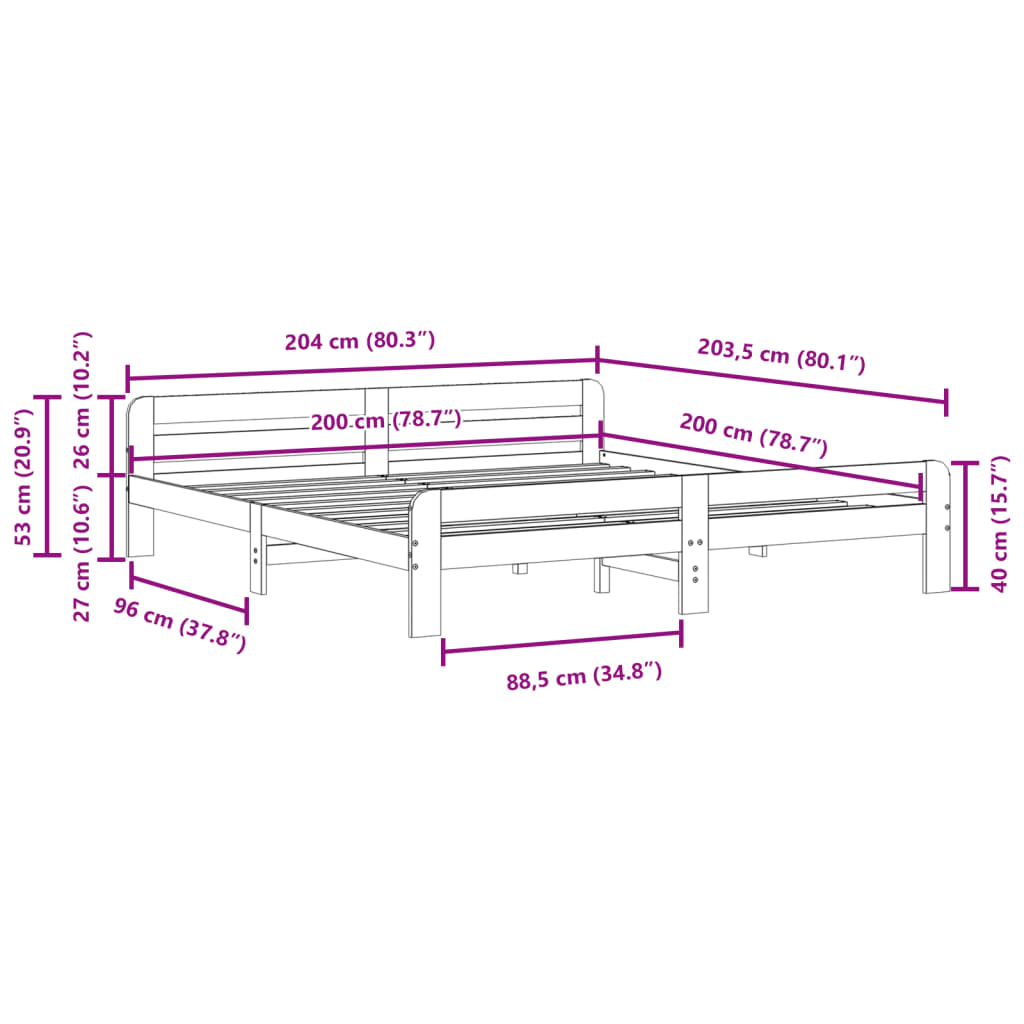 sengeramme uden madras 200x200 cm massivt fyrretræ hvid