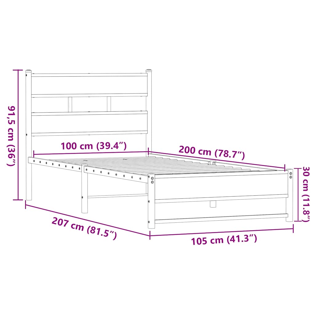 sengeramme 100x200 cm uden madras metal brun egetræsfarve