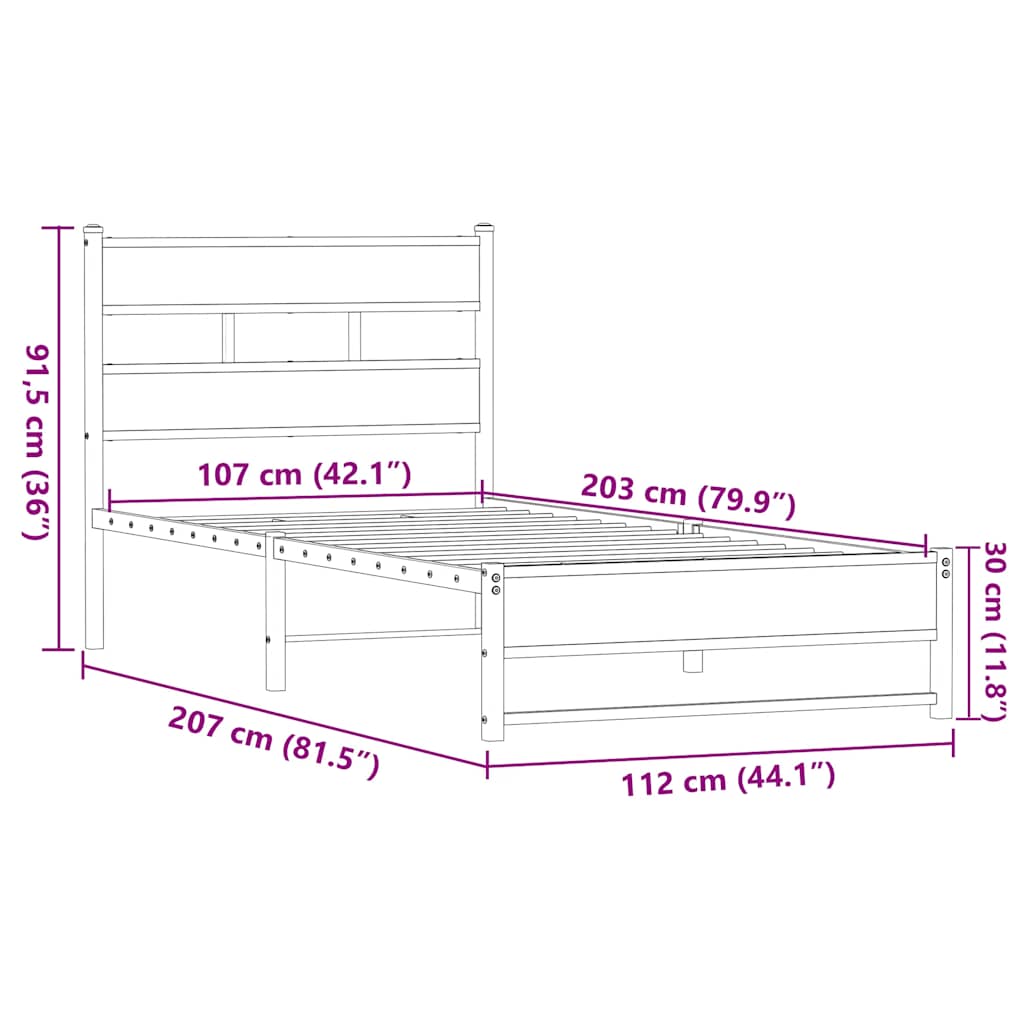 sengeramme 107x203 cm uden madras metal brun egetræsfarve