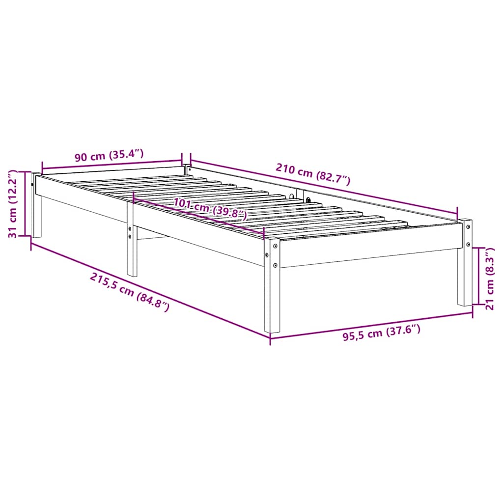 ekstra lang sengeramme uden madras 90x210 cm massivt fyrretræ