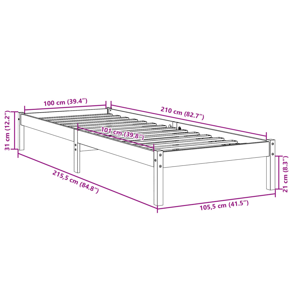 ekstra lang sengeramme uden madras 100x210 cm massivt fyrretræ