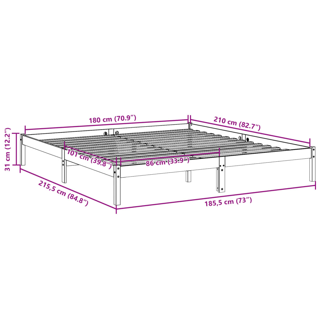 ekstra lang sengeramme uden madras 180x210 cm massivt fyrretræ