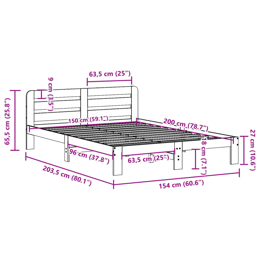 sengeramme uden madras 150x200 cm massivt fyrretræ