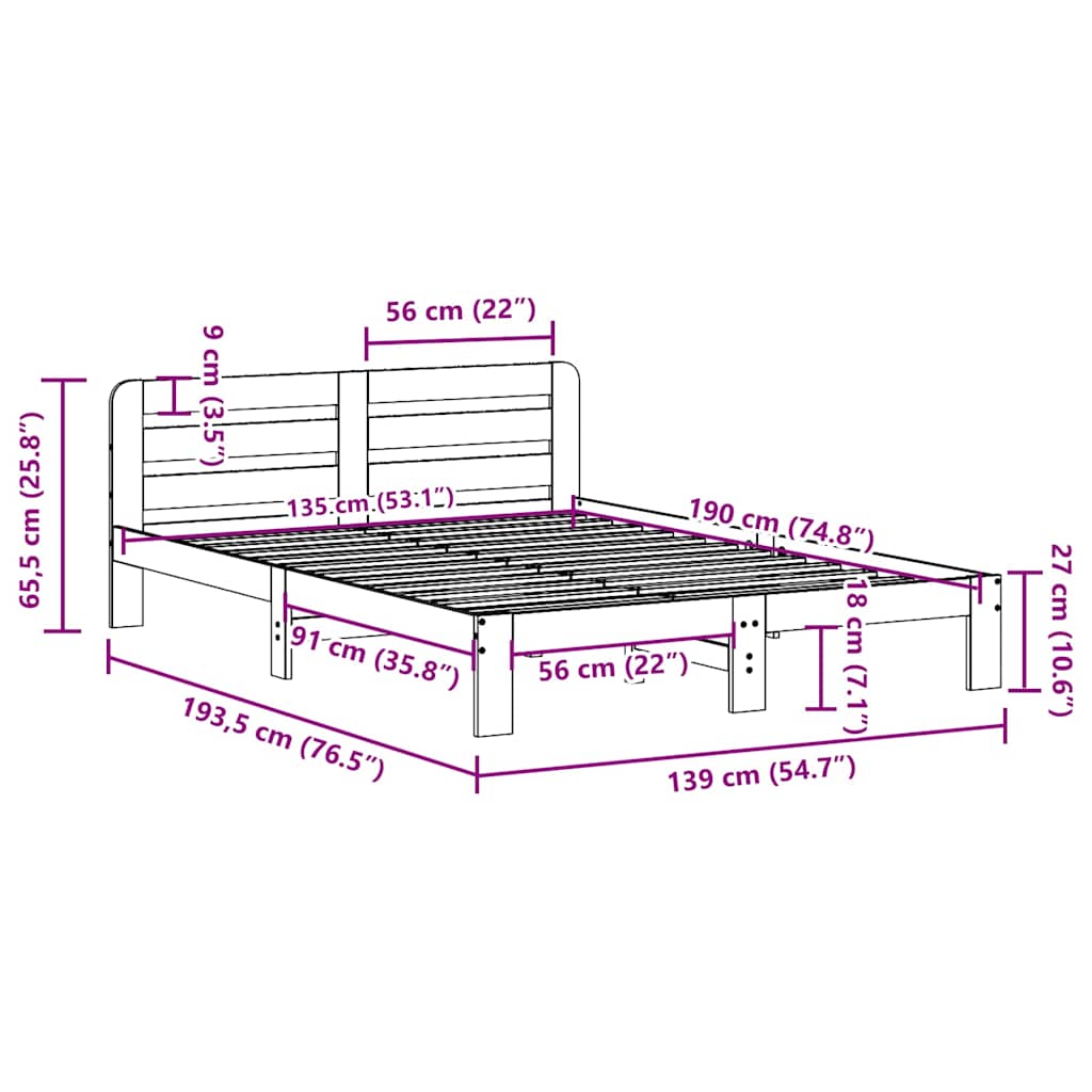 sengeramme uden madras 135x190 cm massivt fyrretræ hvid
