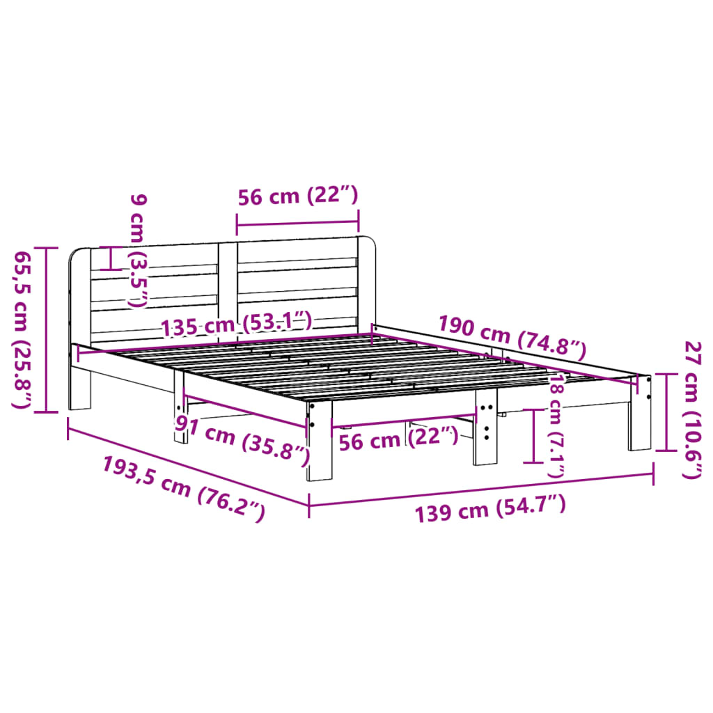 sengeramme uden madras 135x190 cm massivt fyrretræ brun