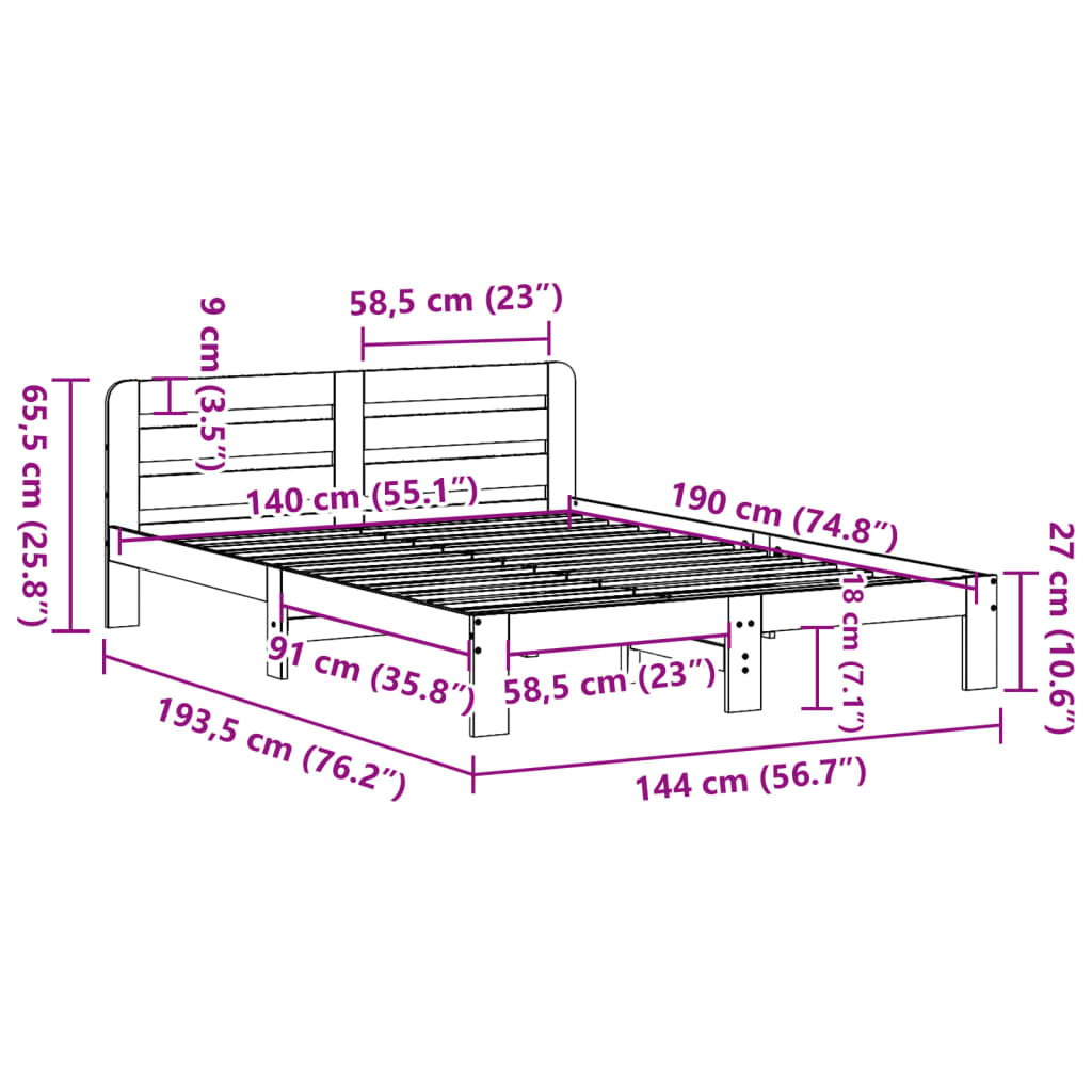 sengeramme uden madras 140x190 cm massivt fyrretræ gyldenbrun
