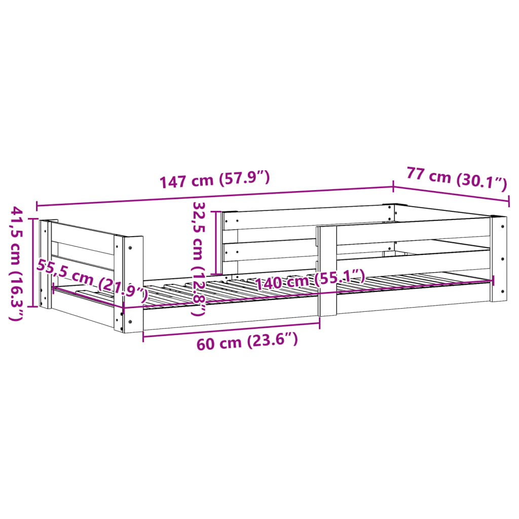 sengeramme uden madras 70x140 cm massivt fyrretræ