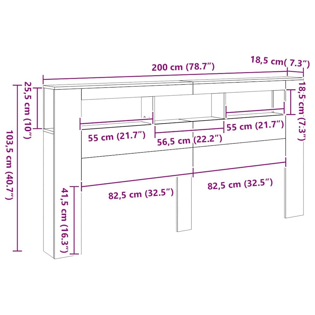 sengegavl m. LED-lys 200x18,5x103,5 cm konstrueret træ kunsteg