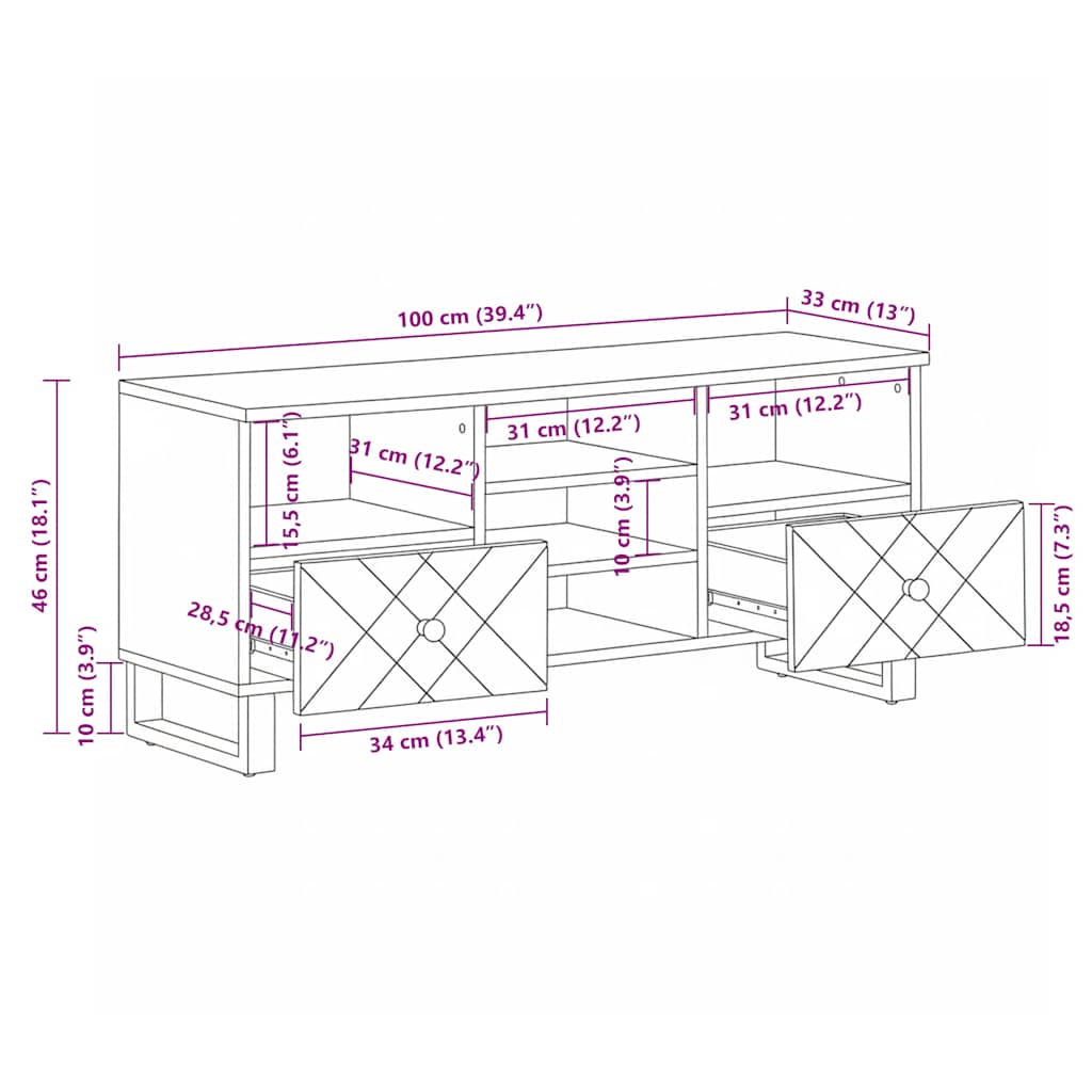 tv-bord 100x33x46 cm massivt mangotræ sort