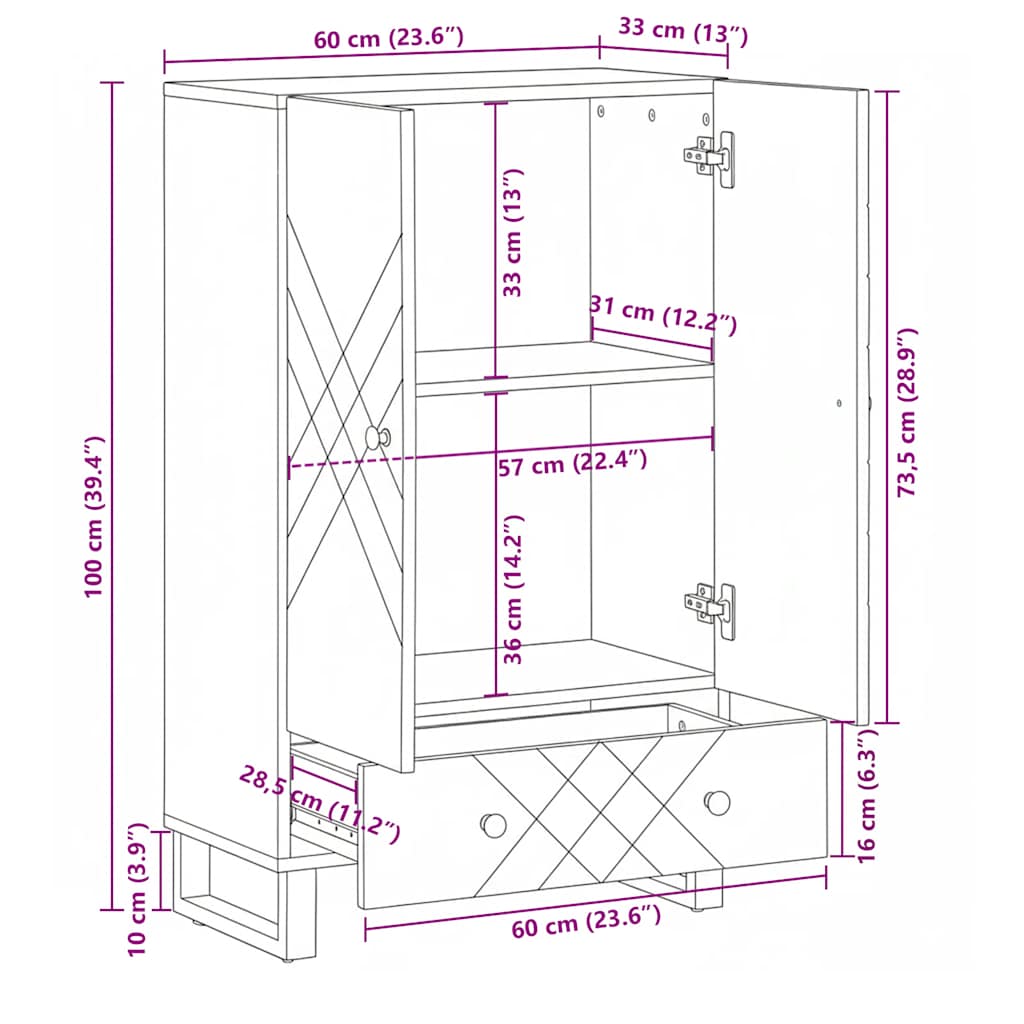 skab 60x33x100 cm massivt mangotræ sort