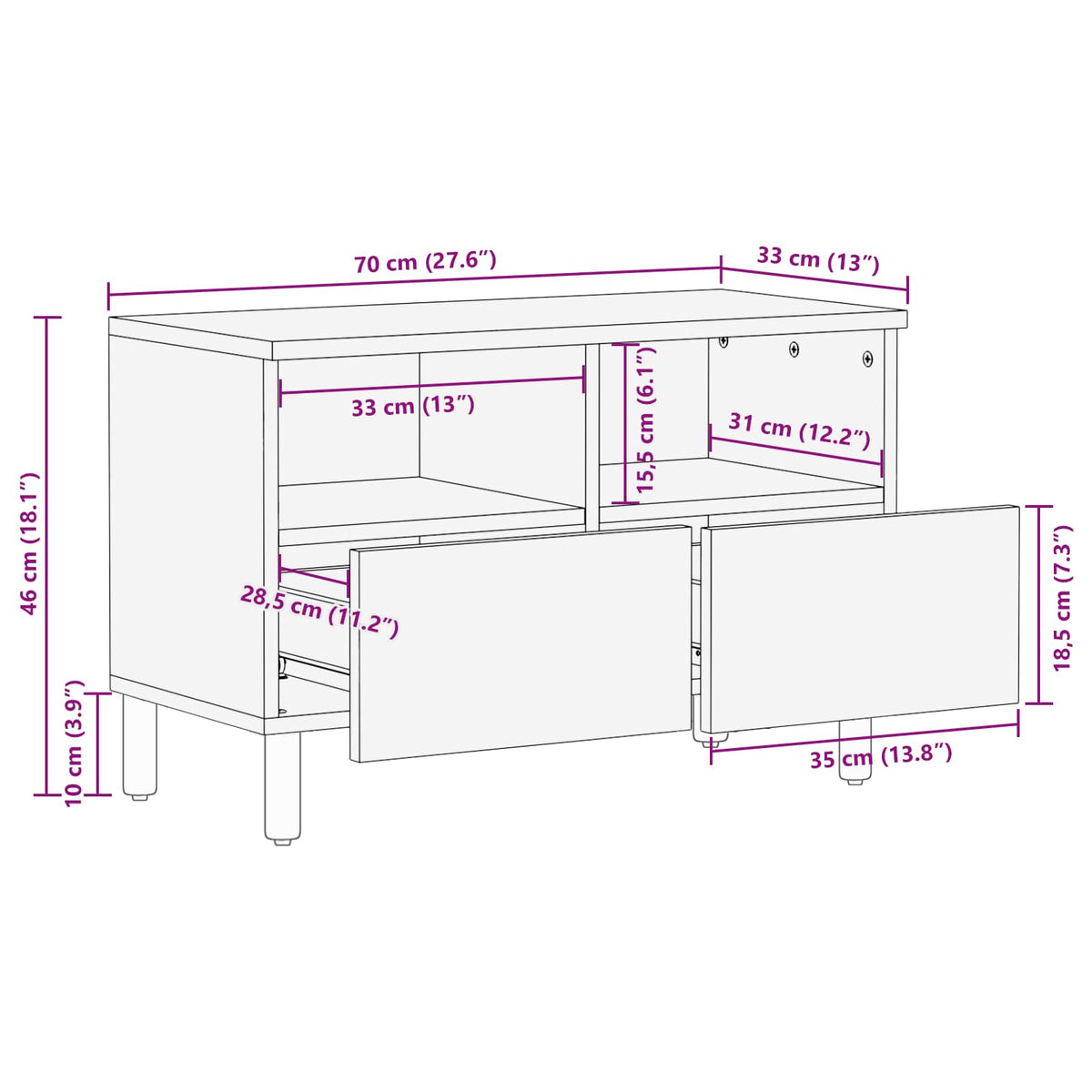 TV-skab Hvid Vask Finish 70 x 33 x 46 cm Massivt mangotræ