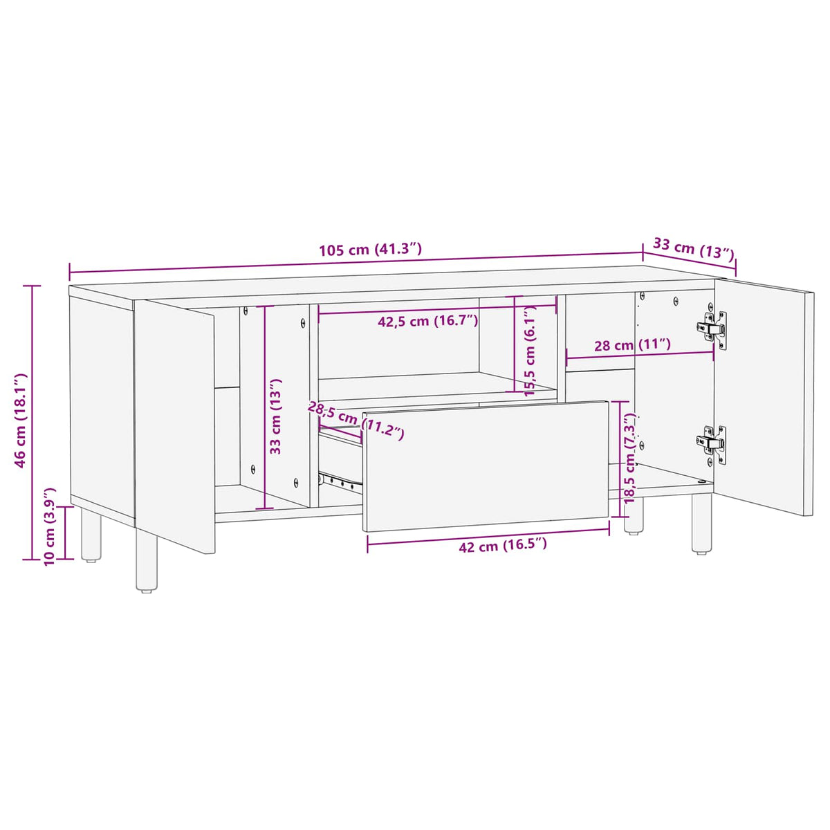TV-skab Hvid Vask Finish 105 x 33 x 46 cm Massivt mangotræ