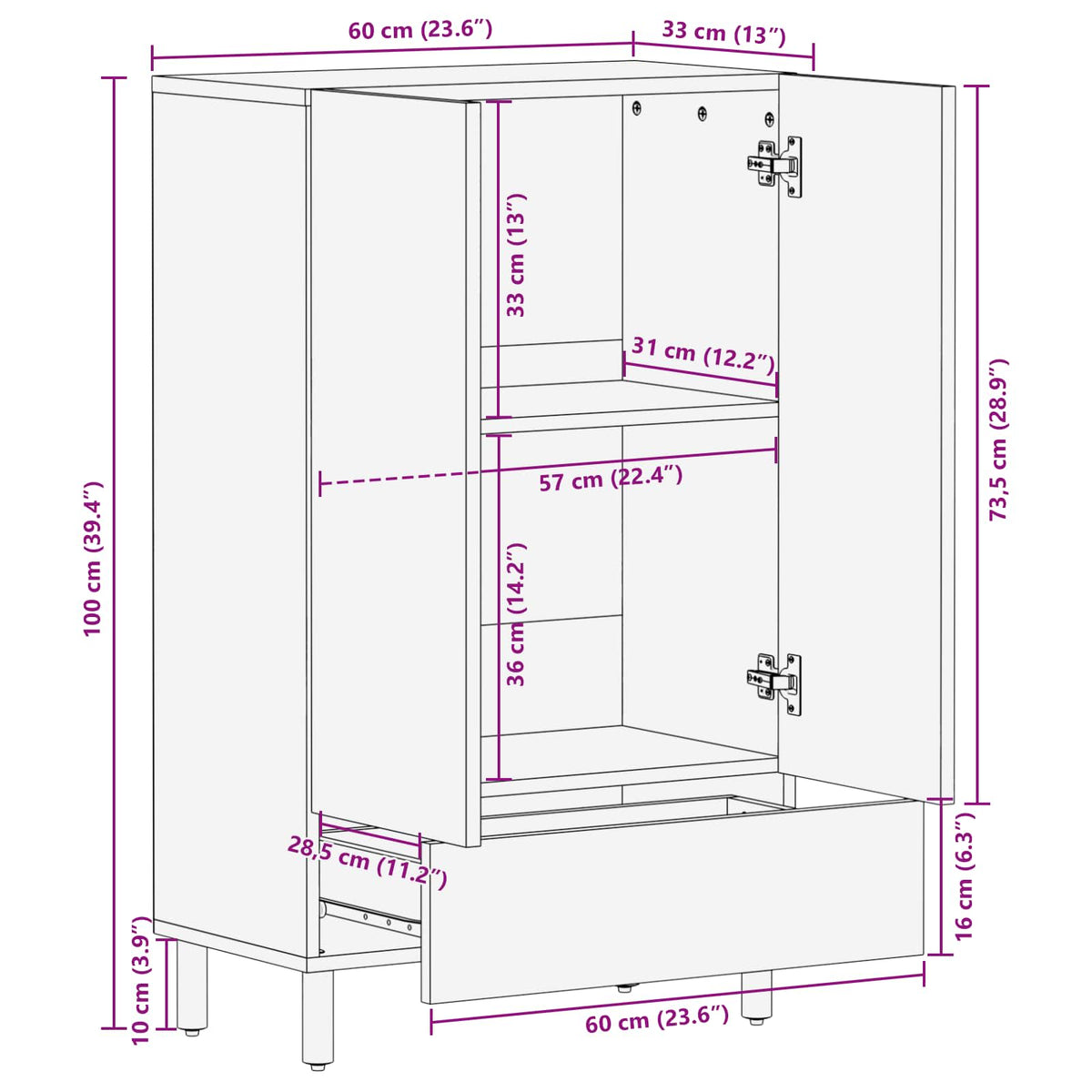 Highboard Hvid Vask Finish 60 x 33 x 100 cm Massivt mangotræ
