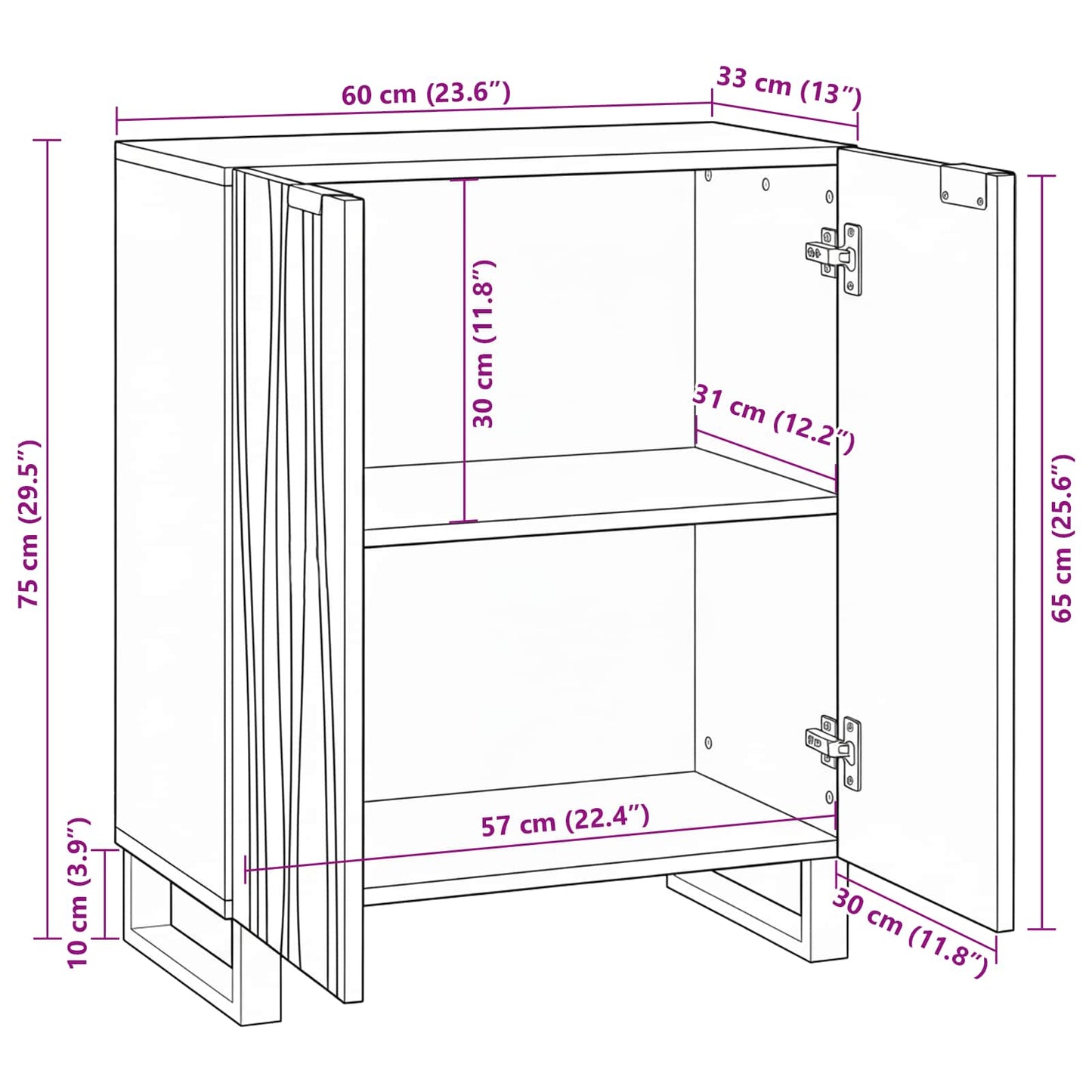 Sideboard Hvid 60 x 33,5 x 75 cm Massivt mangotræ