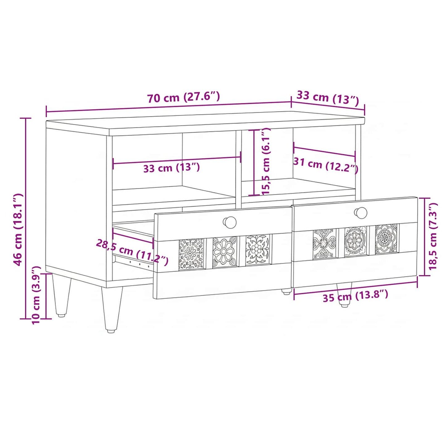 TV-skab Naturfarvet 70 x 33 x 46 cm Massivt mangotræ