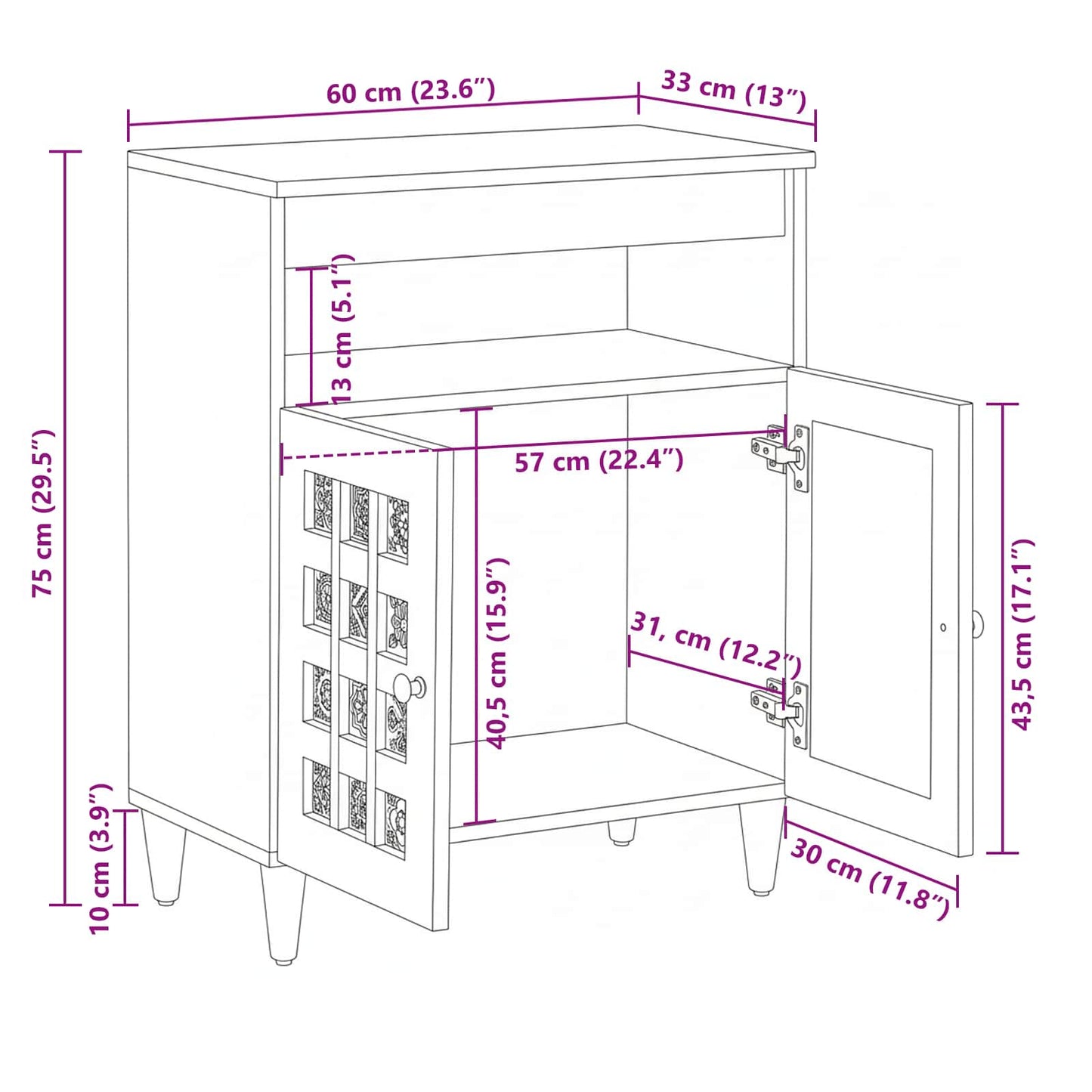 Sideboard Naturfarvet 60 x 33 x 75 cm Massivt mangotræ