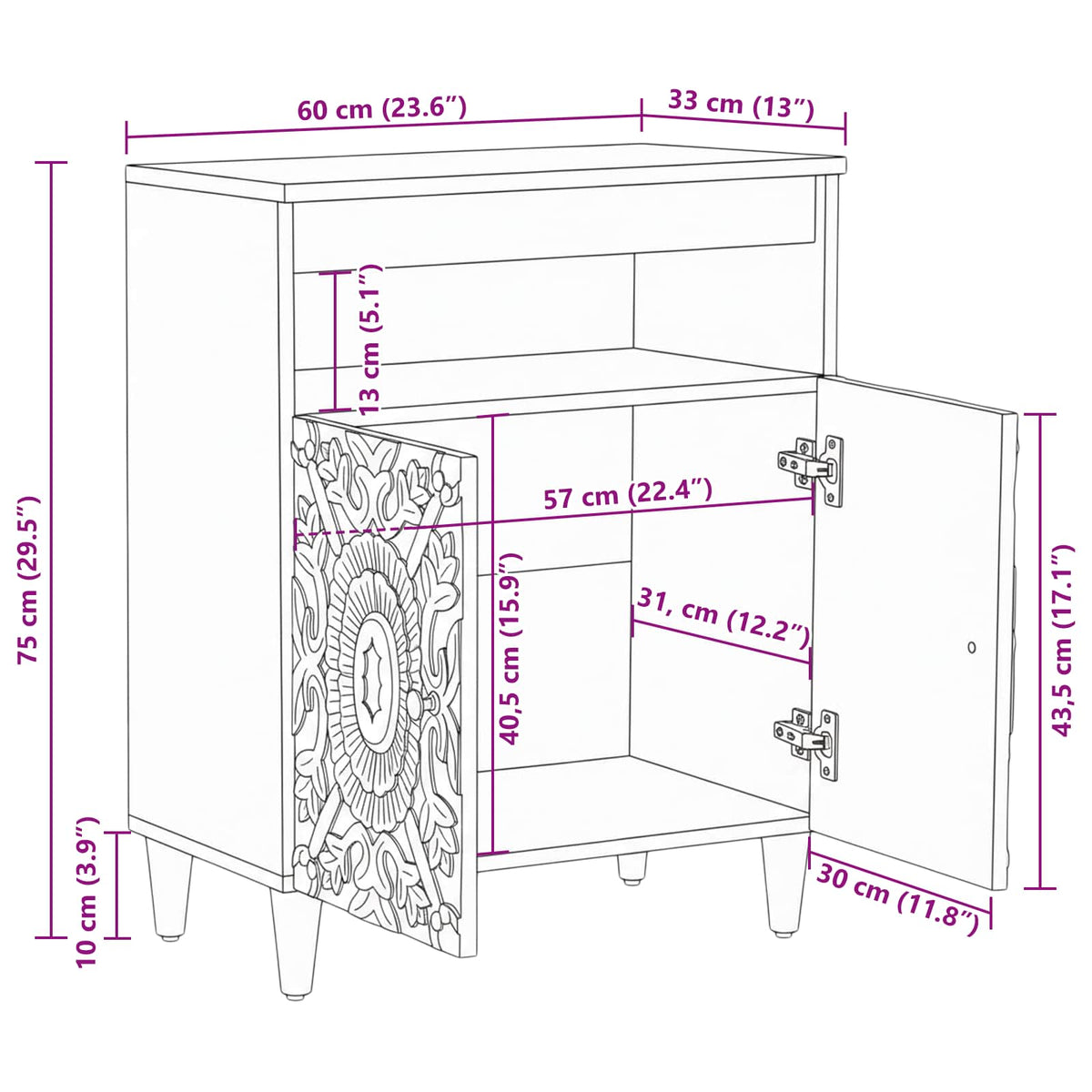 Sideboard med dør Brun 60 x 33,5 x 75 cm Massivt mangotræ