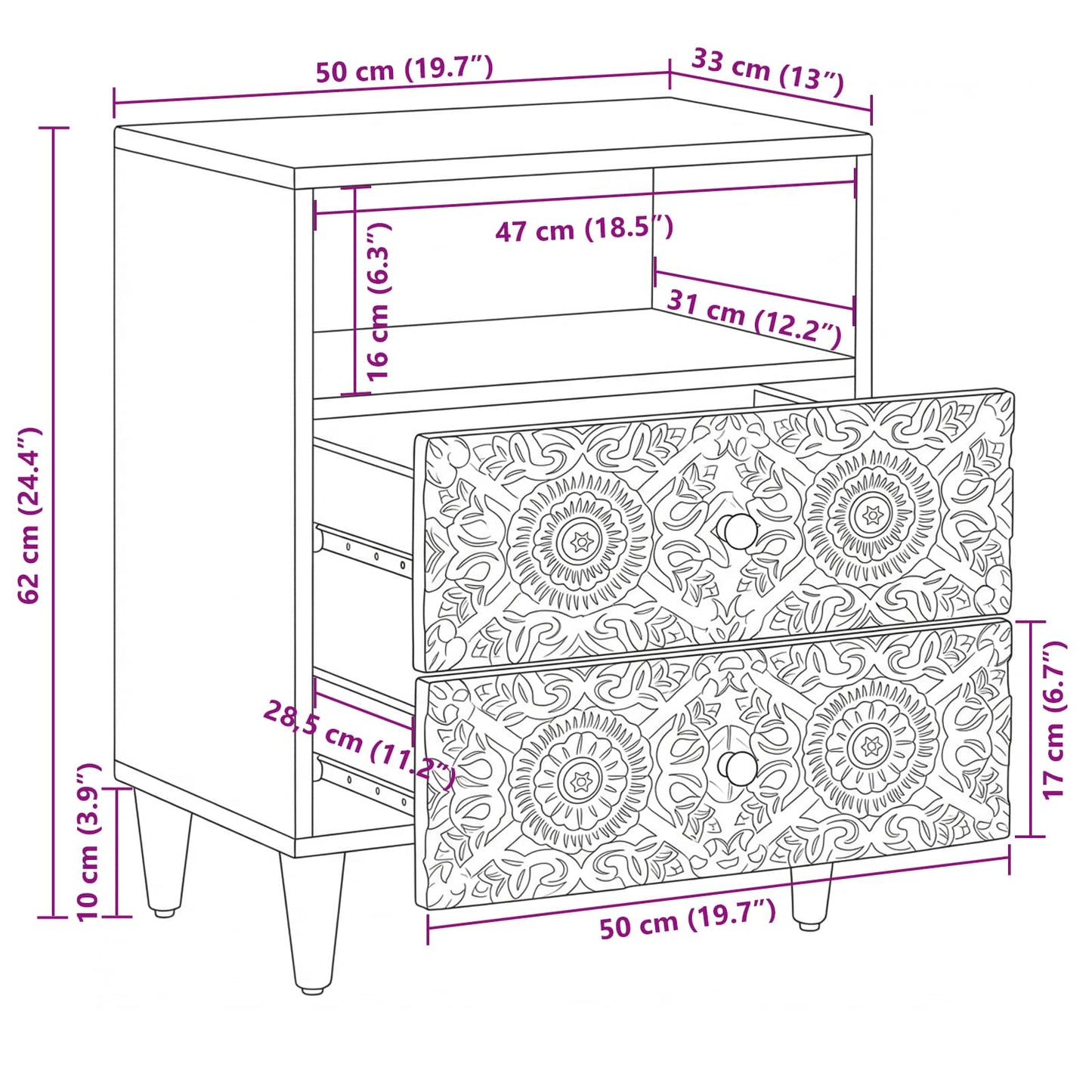 Sengekabinett Hvid 50 x 33 x 60 cm Massivt mangotræ
