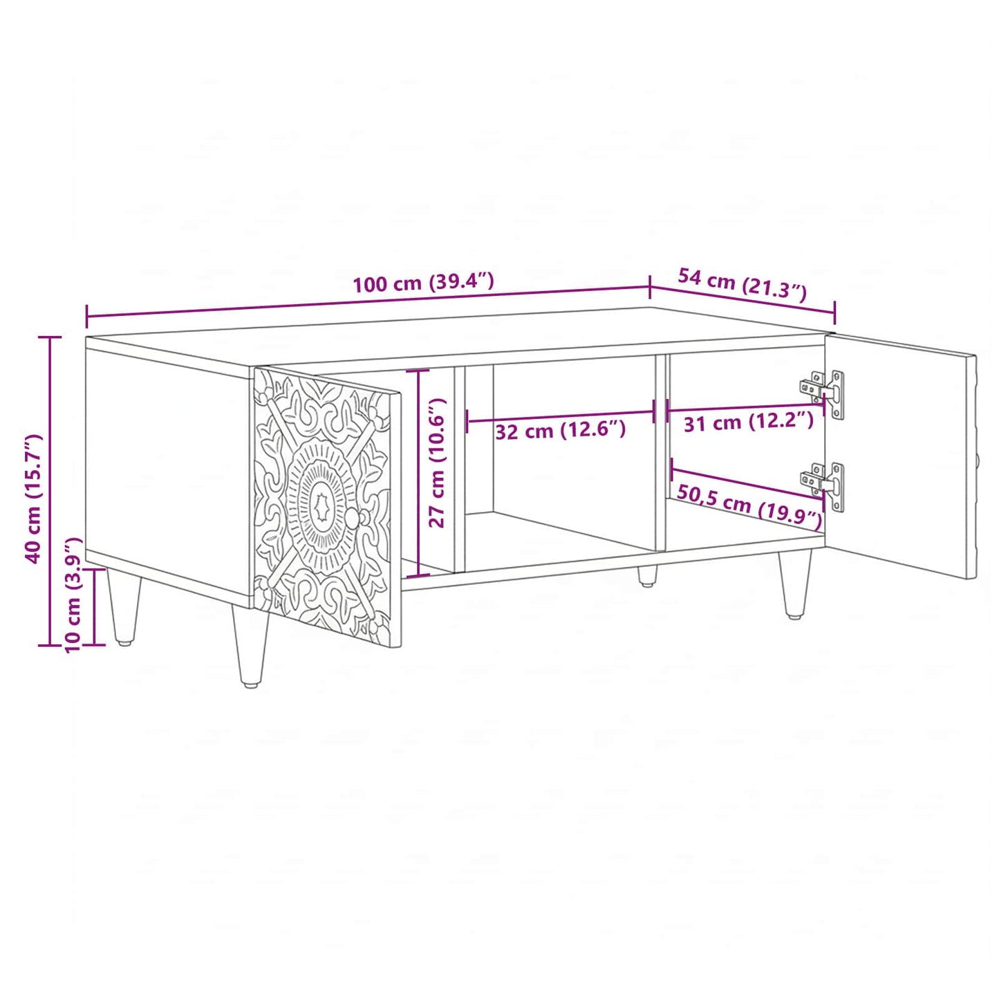 Sofabord Hvid 100 x 54 x 40 cm Massivt mangotræ