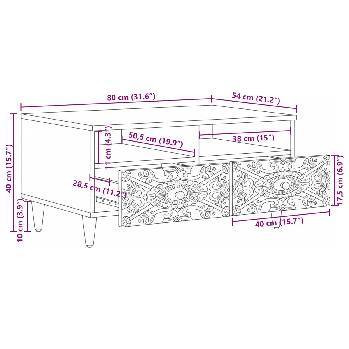 Sofabord Hvid 80 x 54 x 40 cm Massivt mangotræ