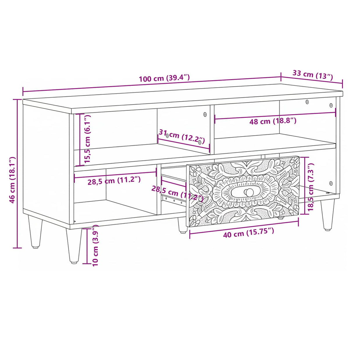 TV-skab Hvid 100 x 33,5 x 46 cm Massivt mangotræ