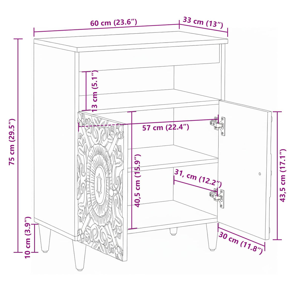 Sideboard med dør Hvid 60 x 33,5 x 75 cm Massivt mangotræ