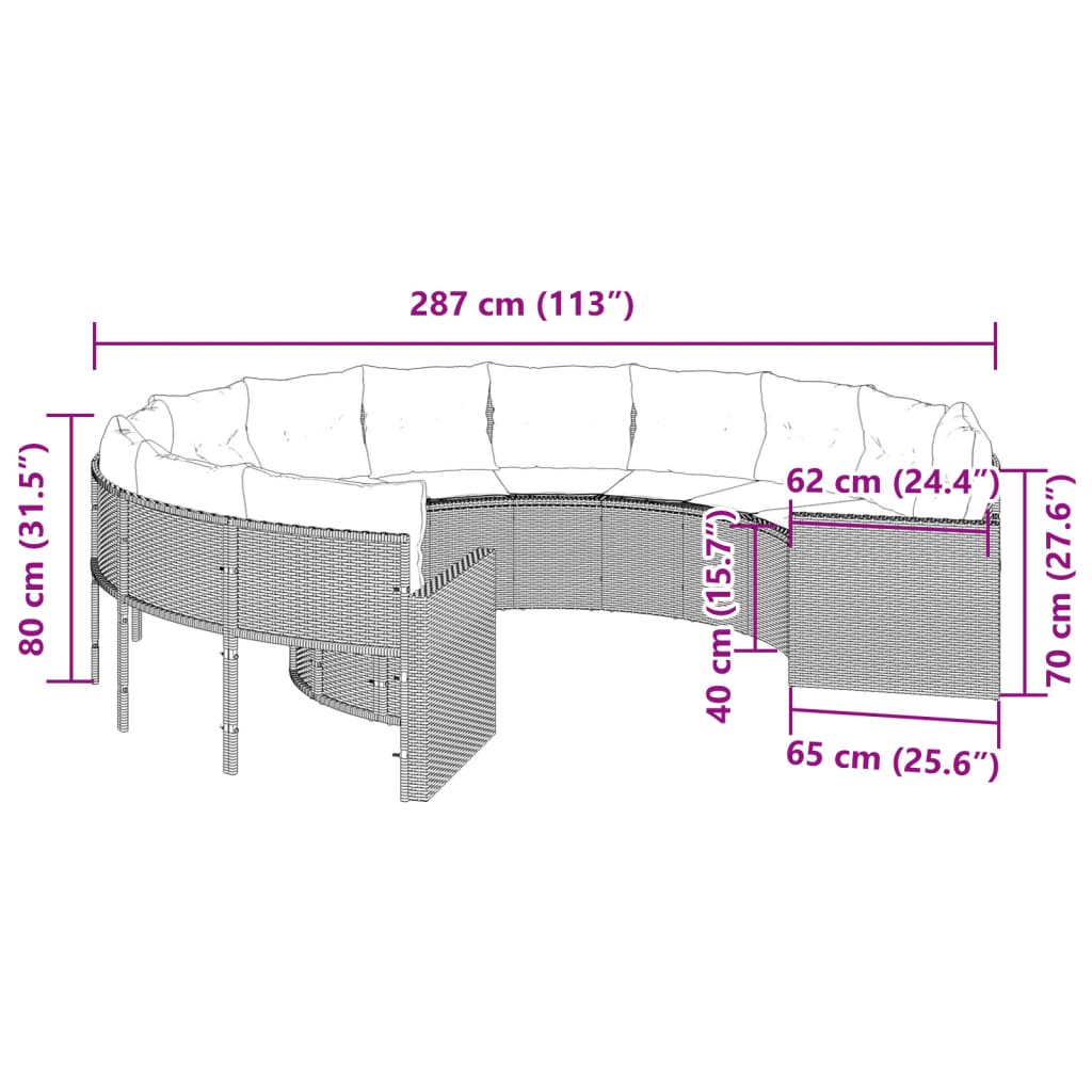 havesofa med hynder rund polyrattan grå