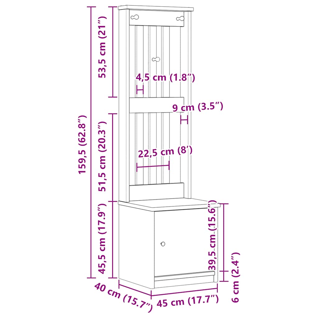 Hall træ SANDNES 45x40x159,5 cm massivt fyrretræ