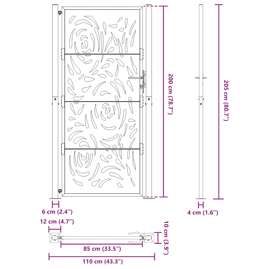 havelåge sort 100x200 cm stål flammedesign