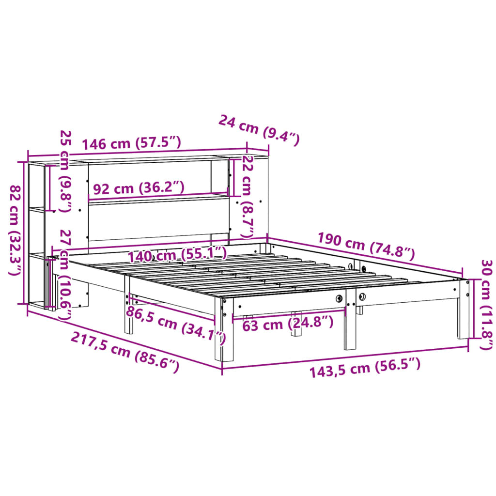 seng med reol uden madras 140x190 cm massivt fyrretræ hvid